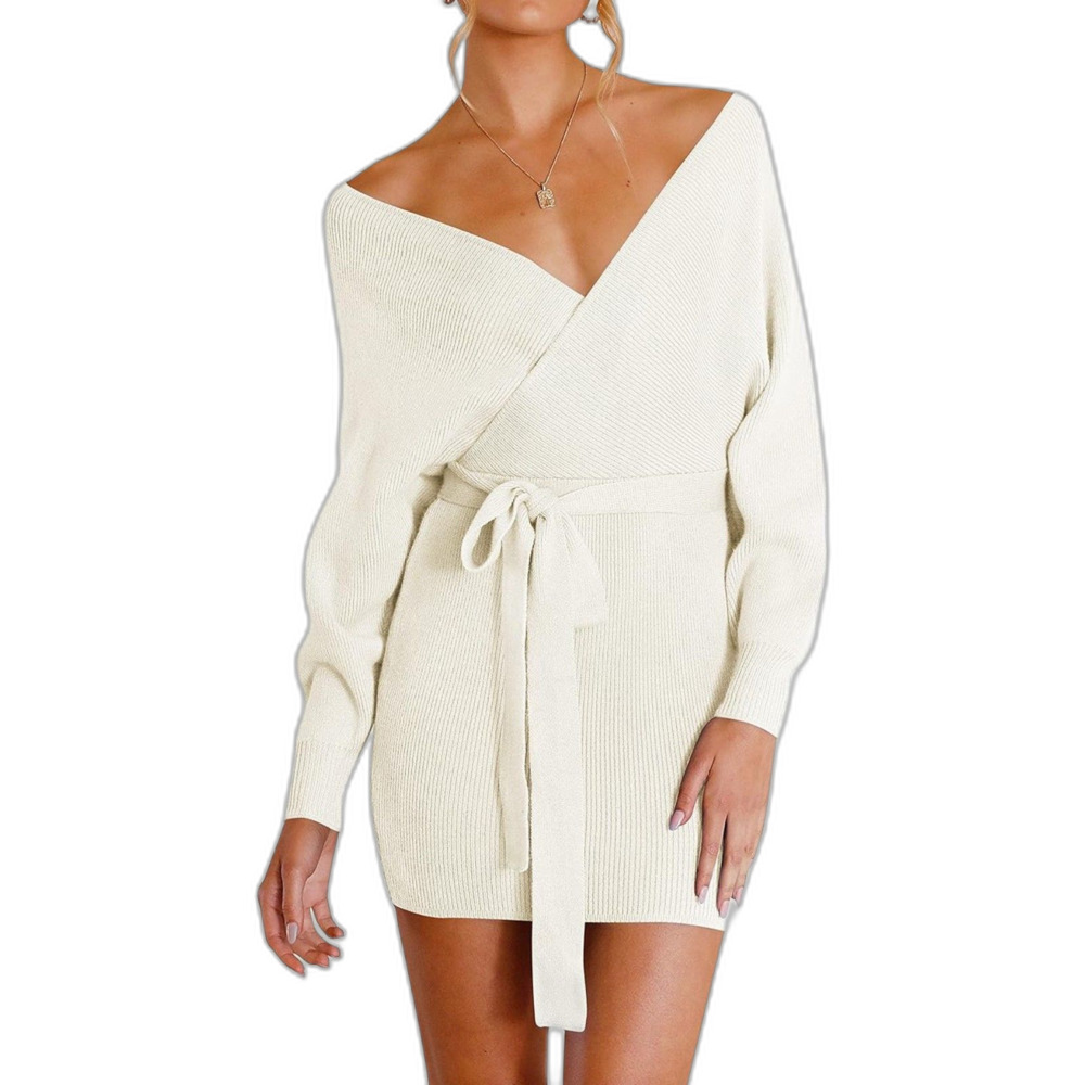V Neck Batwing Knit Bodycon Sweater Dress with Belt - White, L
